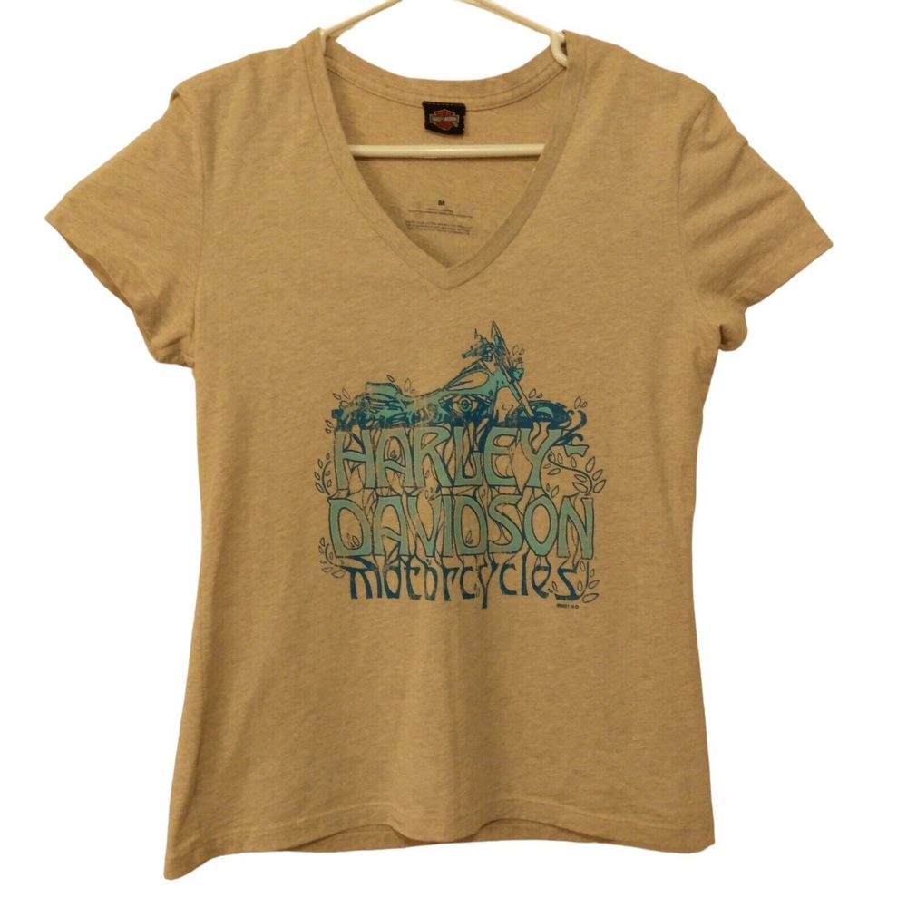 Harley-Davidson tshirt womens M Medium tan v-neck short sleeve 70s hippie style - Picture 1 of 9